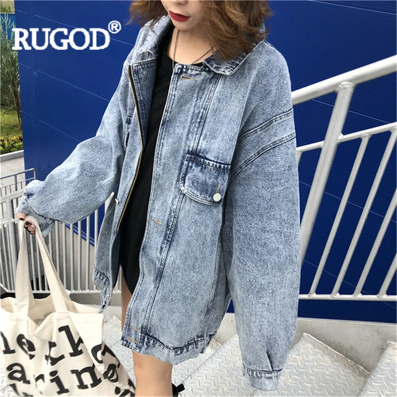 discount  RUGOD Women blue denim jackets vintage turn down collar zipper batwing sleeve loose jeans jacket ne