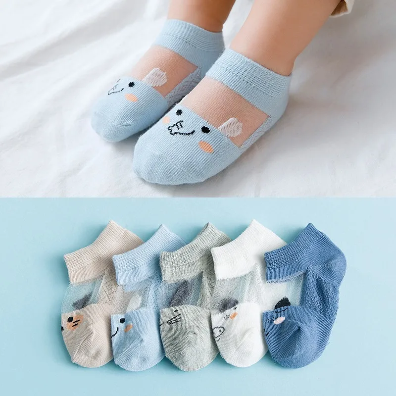

Newborn toddler socks 5PCS children's ice silk cartoon mesh cotton short cartoon animals boat socks for 0-5T