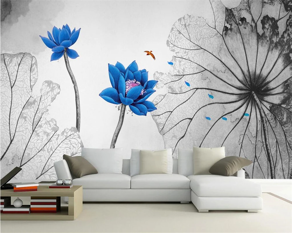 

Beibehang Custom wallpaper Chinese pen lotus sketch TV sofa background living room bedroom murals 3d wallpaper papel de parede