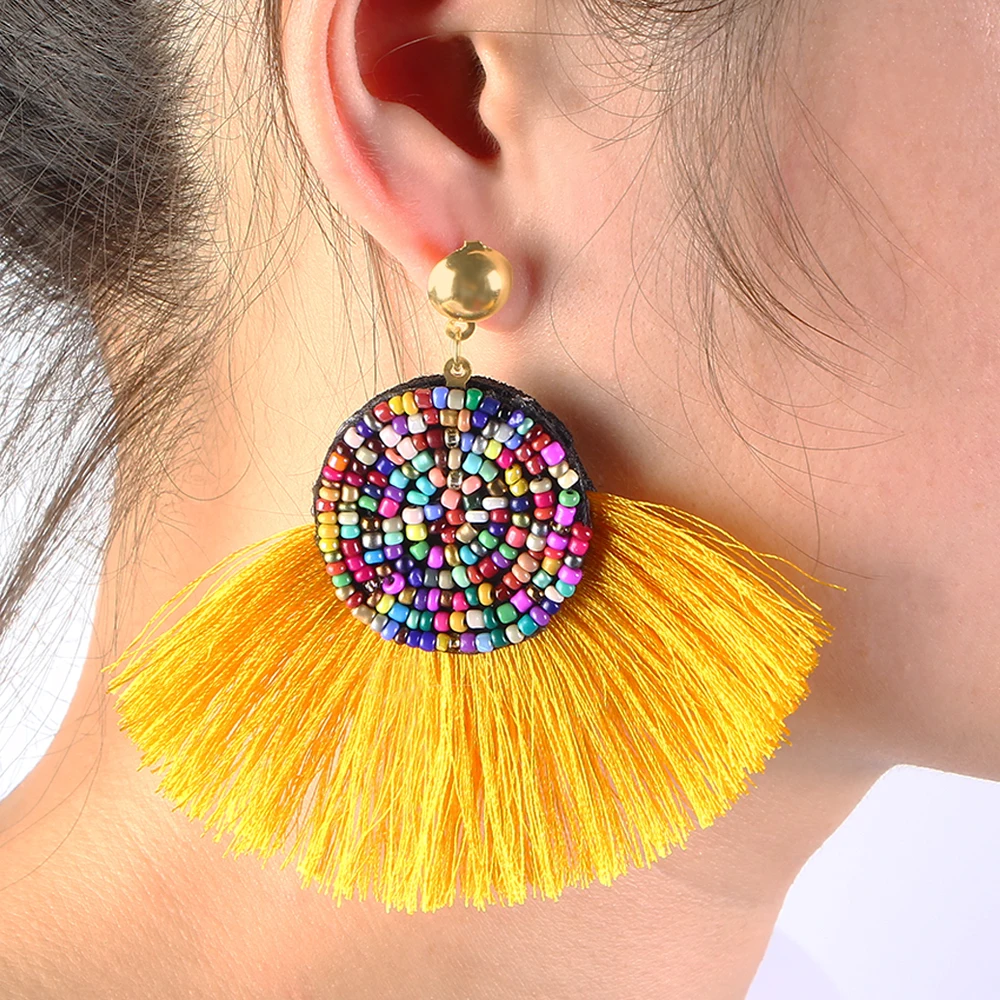 Bohemian Fashion Big Round Earings Metal Alloy Yellow Tassel Earrings