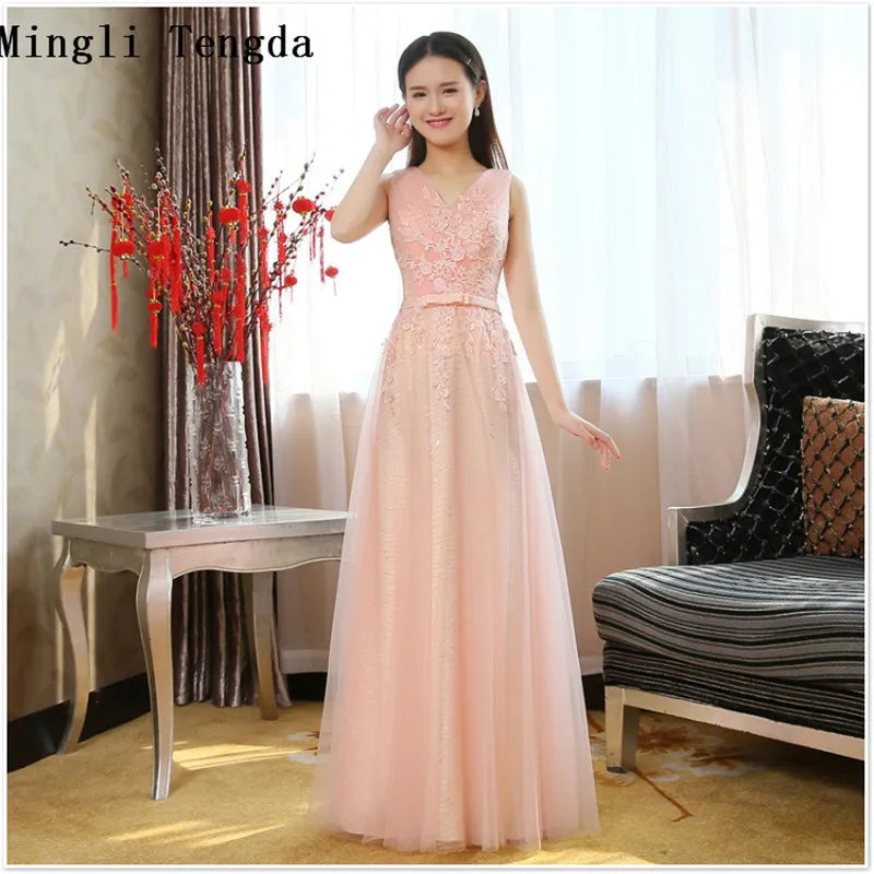 

Mingli Tengda Pink Bridesmaid Dresses Backless V Neck Long Lace Shoulder Bridesmaid Dresses Ladies Dresses for Wedding Party
