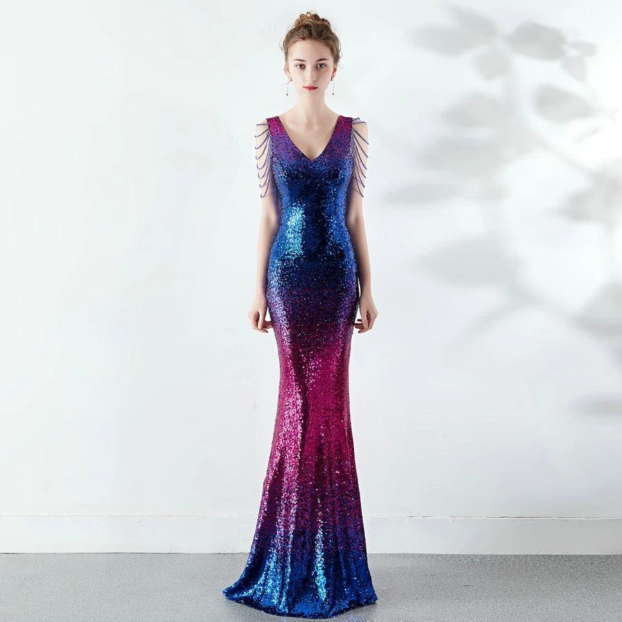 

Robe De Soiree Sexy V-neck Sequins Evening Dress Women Elegant Beaded Long Evenning Party Dress