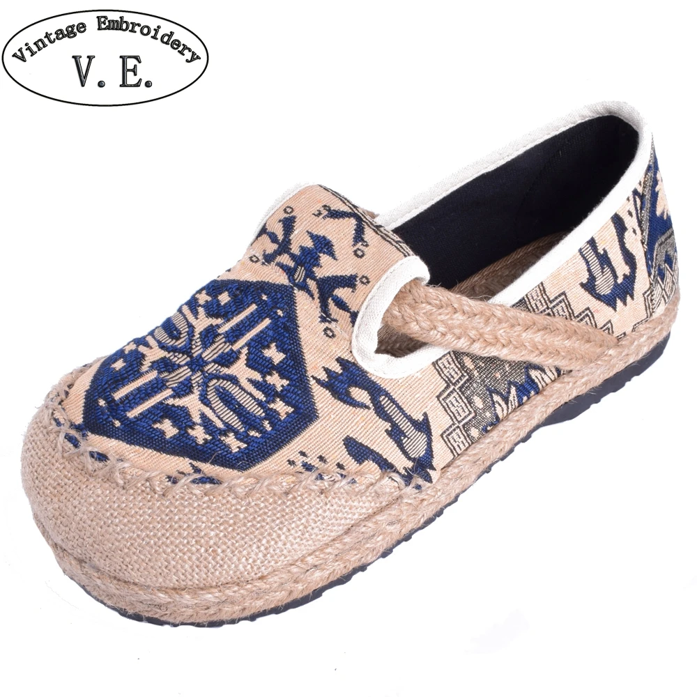 Prix Femmes Appartements Chaussures Thai Boho Coton Toile de Lin Tissu National À La Main Tissé Bout Rond Plat Chaussures Brodé Plus La taille