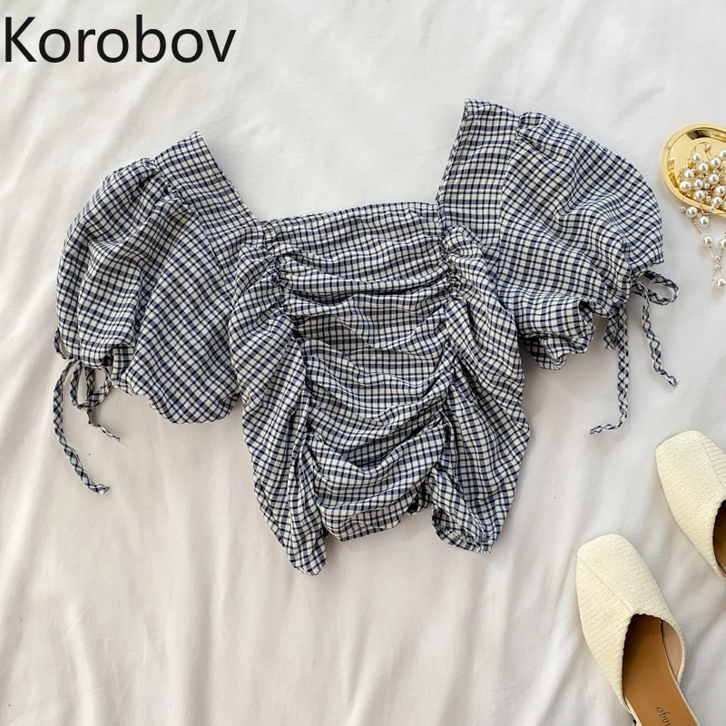 

Korobov Fashion Women Square Collar Puff Sleeve Blouse Korean Wrinkle Plaid Crop Shirts Sexy Lacing Wrinkle Blusas 78657