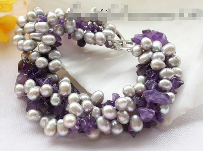 

z4029 4row 8" gray rice pearl drip faceted amethyst bracelet e SHIPPING 5.25