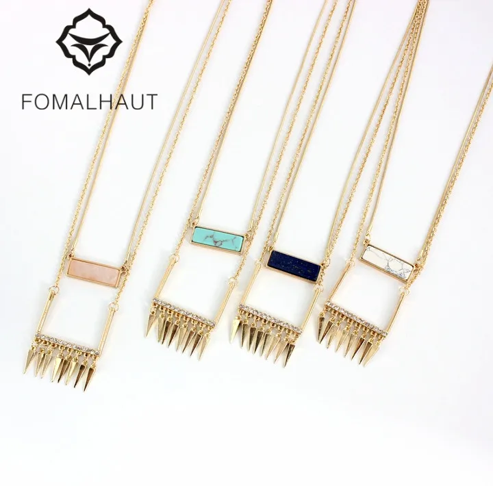

FOMALHAUT Natural stone rivets tassel gold color Pendant Long Statement Necklace Women 2016 Fashion BX-071