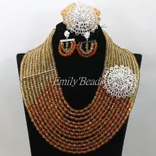 Популярный нигерийский шампанское золото/оранжевый Свадебный Африканский бисер ювелирный набор Кристальное свадебное ожерелье браслет серьги набор ALJ016