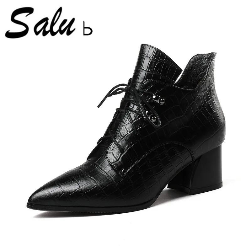 

Salu Genuine Leather boots Square Heel Round Toe Shoes Women 5.5cm Heels Black Cow Leather Quality Ankle Boot Size 35-43