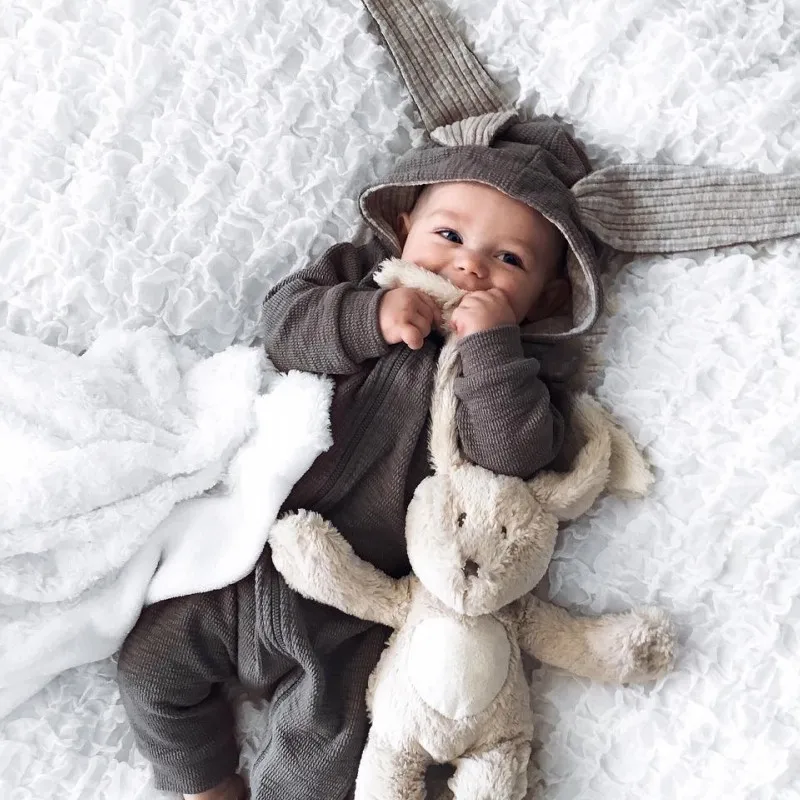 

Newborn Baby Clothes Cute Rabbit 3D Ear Design Rompers Overalls Autumn Winter Hooded Baby One Piece Clothes