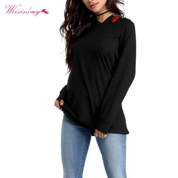

Female New Autumn Black Casual Sweatshirts Embroidery Print Long Sleeve Fashion Women Hoodies