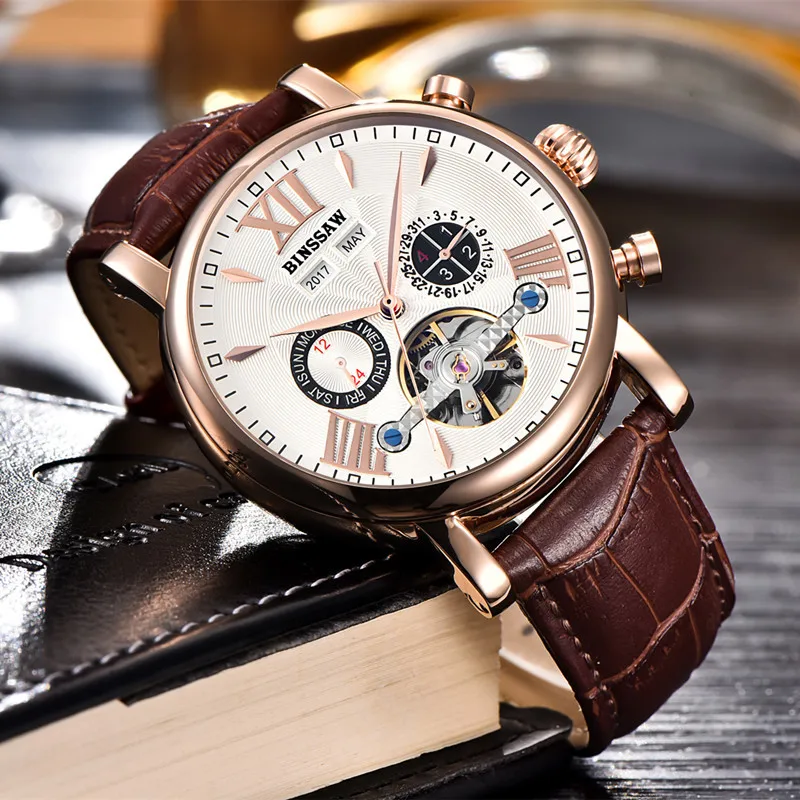 BINSSAW Men New Tourbillon Automatic Mechanical Watch Luxury Fashion & Casual Brand Leather Man Week Gold Self-Wind Watches