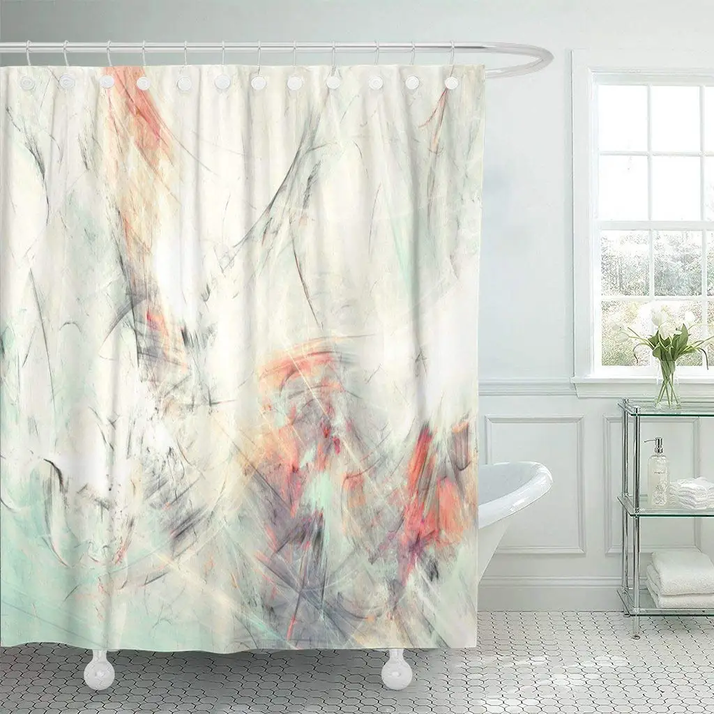 

Shower Curtain with Hooks Abstract Beautiful White and Turquoise Color Dynamic Painting Modern Futuristic Fractal Bathroom
