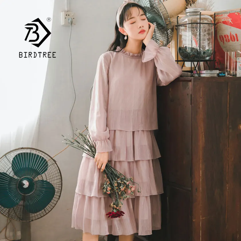 

2019 New Spring Women's Patchwork Chiffon Cupcake Loose Dress Lace Up Bow Pullover Full Sleeve O Neck Sweet Style Sale D92906Z