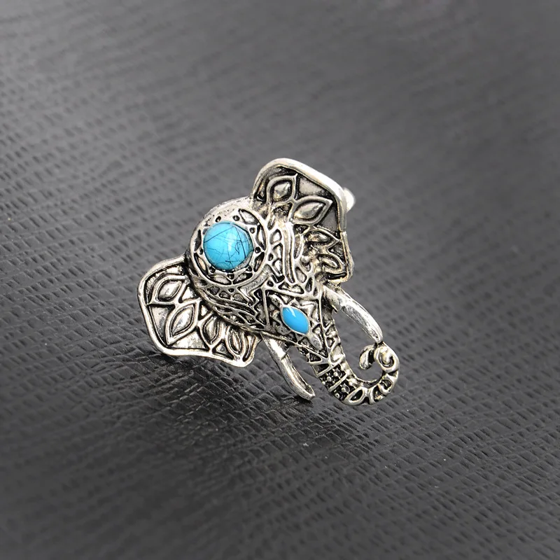 2017 New Antique Silver Color Ring Blue Enamel Blue Stone Elephant Finger Rings Anillos Mujer Jewelry Gift