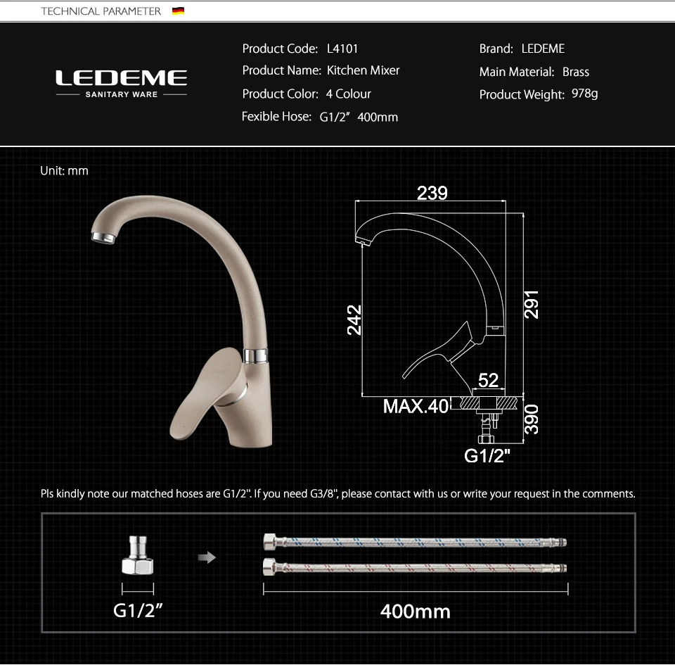LEDEME Color Kitchen Faucet Mixer Water Tap Single Holder Single Hole Kitchen Faucets Spray Paint Rotation Rubinetto Cucina