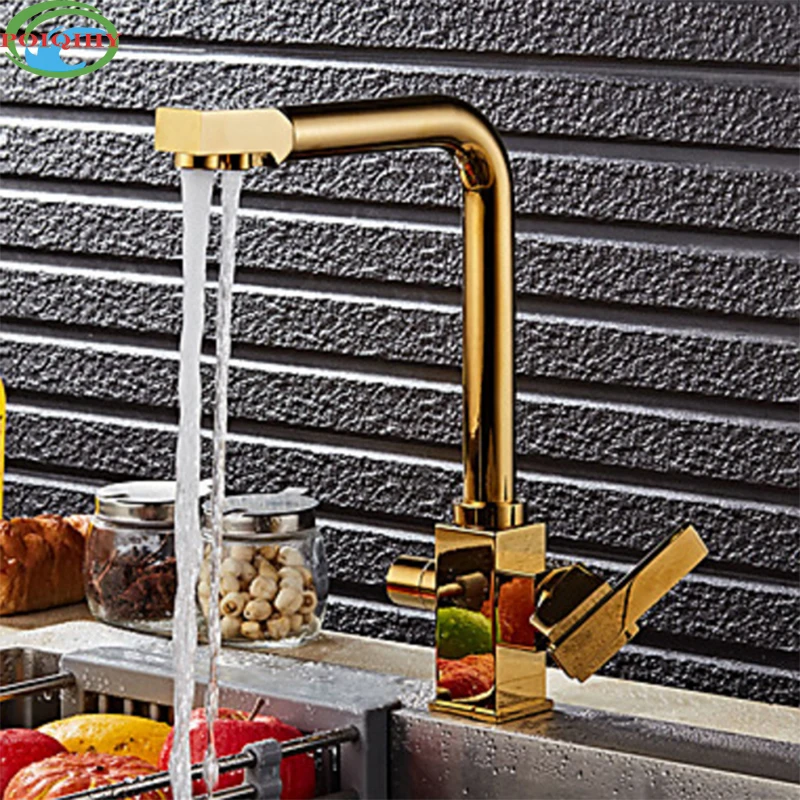 Luxurious Golden Brass Kitchen Hot and Cold Water Taps Two Handles Pull Down Kitchen Mixer Tap