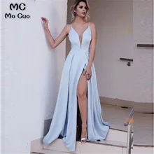 Небесно-синие платья на выпускной Длинные Спагетти ремни v-образный вырез спереди разрез платье для выпускного вечера шифоновое вечернее платье