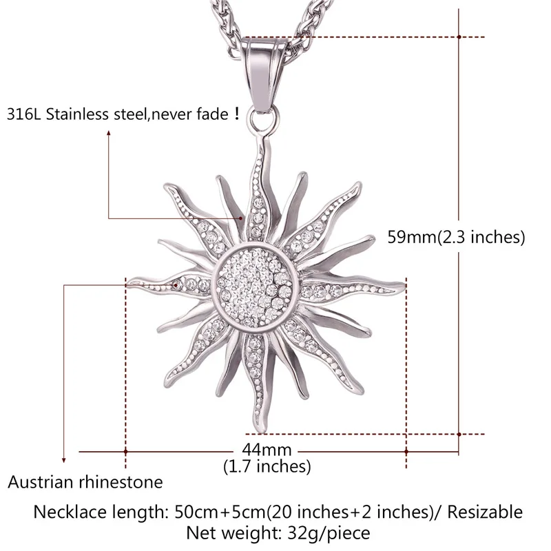 U7 брендовые подвески в виде большого подсолнуха, серебро/золото, стразы из нержавеющей стали, кулон и цепь, мужские/женские ювелирные изделия P1034