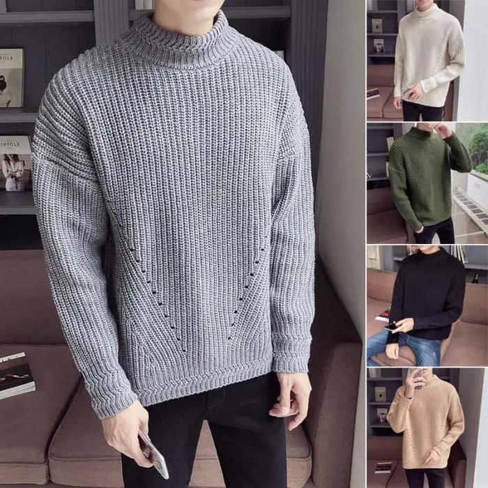 Новое поступление для мужчин, осень, зима, свитер с высоким воротником, однотонный пуловер, плотный вязаный свитер