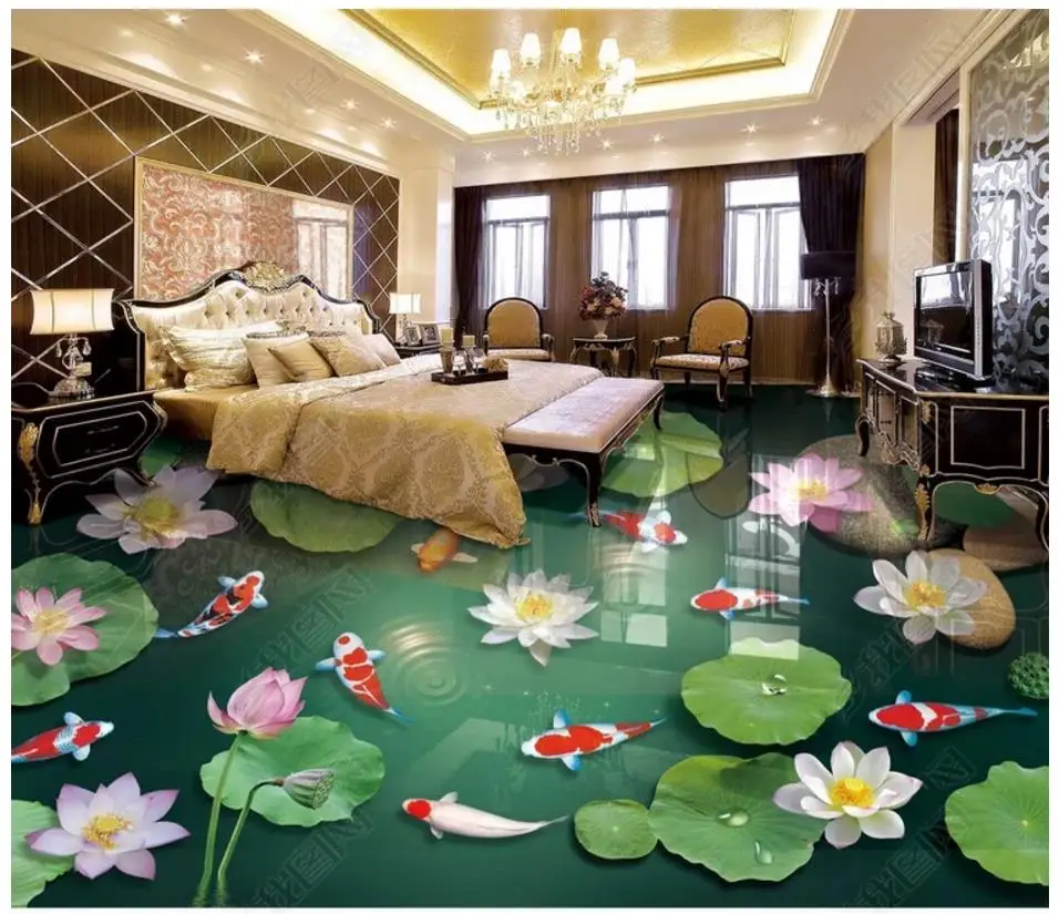 

3D wallpaper custom 3d flooring wall Sticker Lotus pond lotus pond 3D fish floor painting background wall Self adhesive flooring