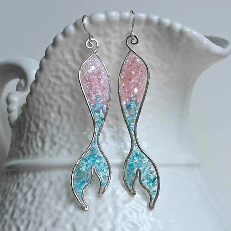 

Bohemian Vintage Opals Mermaid Tassel Earrrings For Women Multicolor Resin Shinny Mermaid Tail Drop Earring Wedding Jewelry