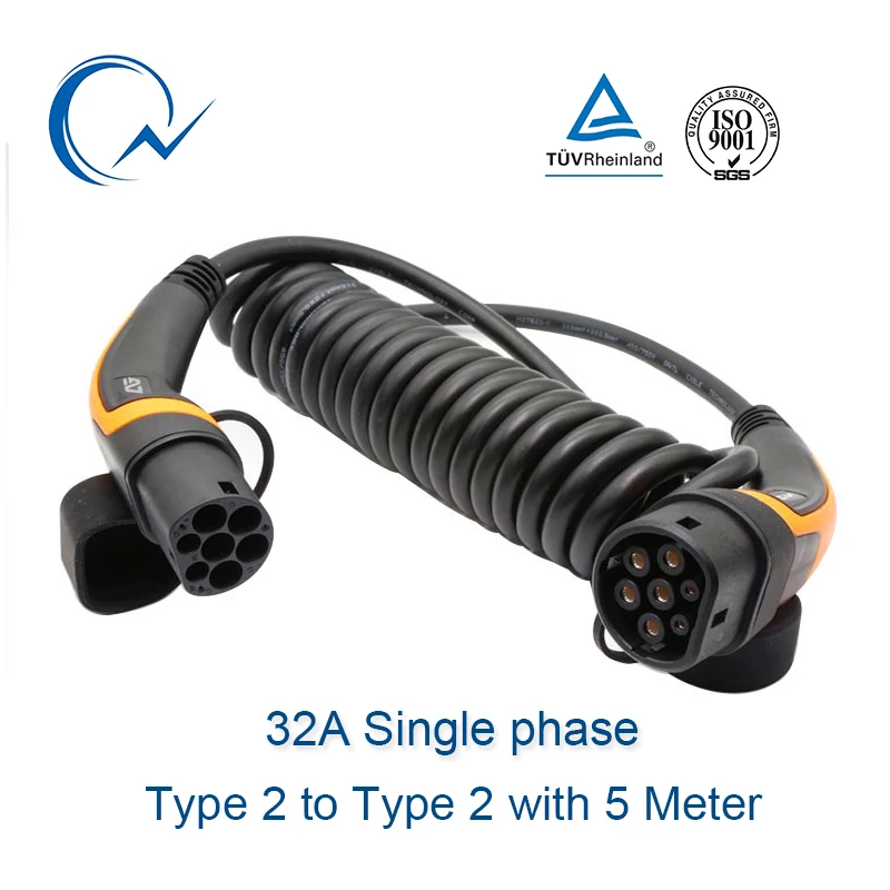 

32A Single phase EV Cable Type 2 to Type 2 IEC 62196 EV Charging Plug With 5 Meter Spiral cable TUV/UL Mennekes 2 Connector