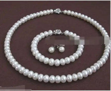 

Hot selling free shipping*******8-9mm Natural White Freshwater Pearl Necklace Bracelet Earrings Jewelry Set