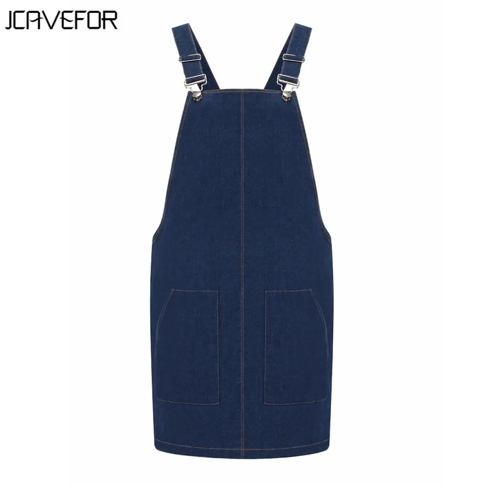 

Denim Sundress Women Autumn Thick Denim Pinafore Dress Two Pockets Casual Solid Color Adjustable Strap Dress
