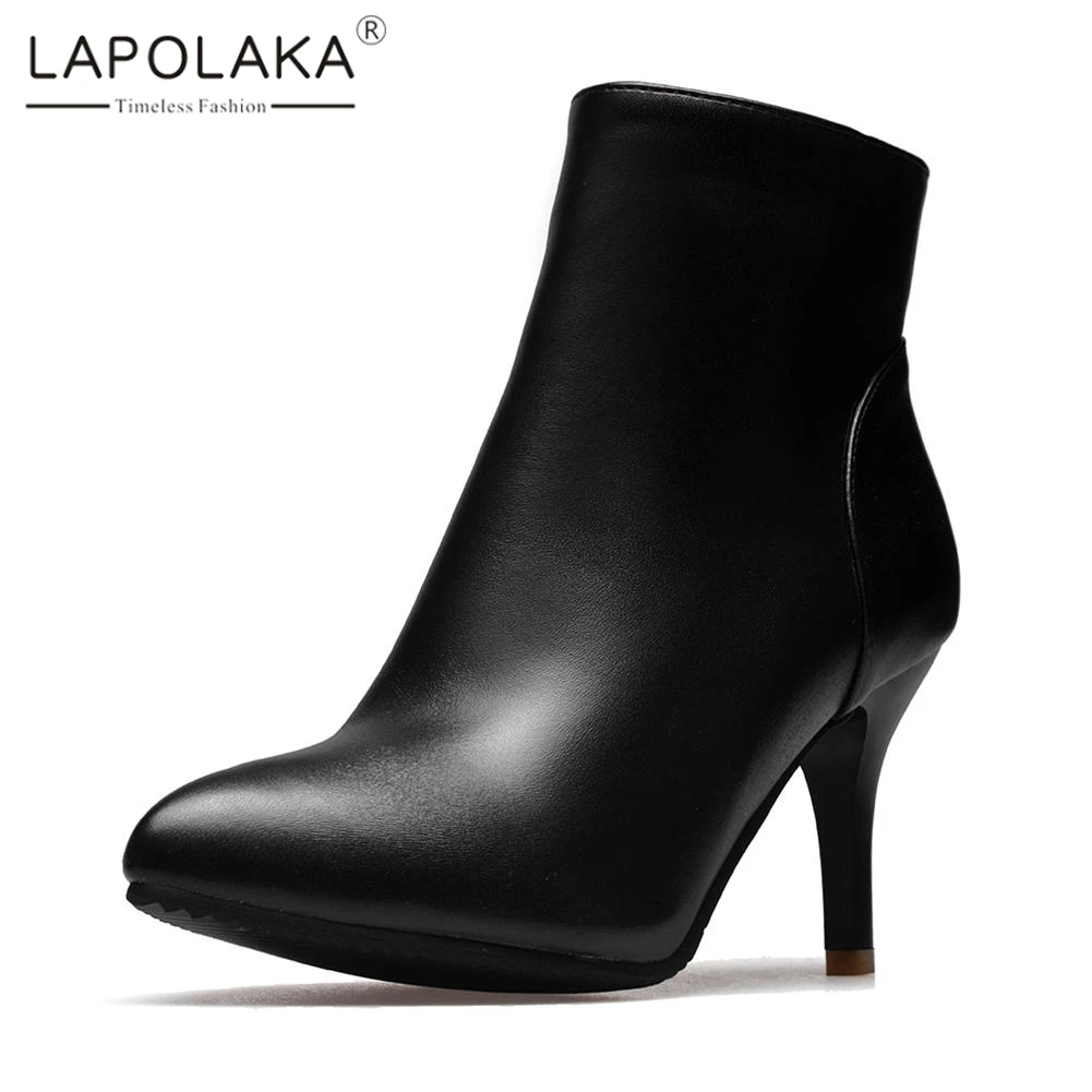 

LAPOLAKA 2018 Plus Size 32-47 Pointed Toe Thin High Heels Ankle Boots Woman Zip Up Shoes Woman Add Fur Winter Boots
