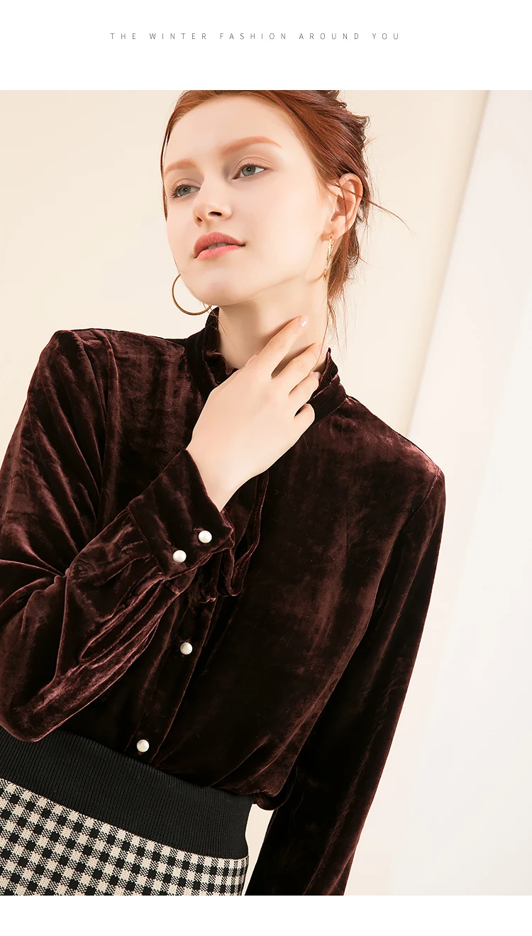 Женская шелковая бархатная блузка 16% натуральный шелк 84% вискоза с длинными рукавами Блузка стоячий воротник для женщин Весна коричневый