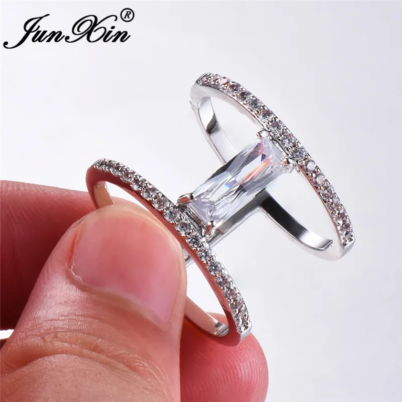 

JUNXIN Geometry Rectangle Zircon White Rings For Women Men 925 Sterling Silver Filled Stackable Joint Ring Birthstone Jewelry