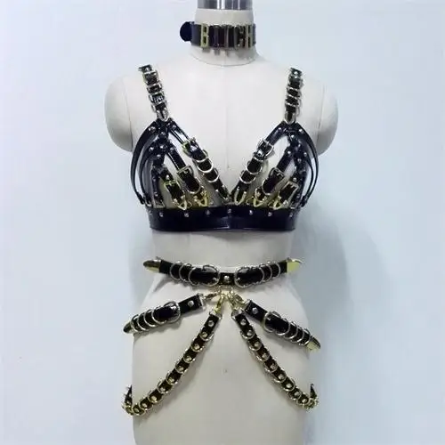 Сексуальный сверхпрочный черный топ-Бюстгальтер ручной работы из искусственной кожи, женское колье с золотыми буквами, моделирующий пояс-корсет - Цвет: 1 Set