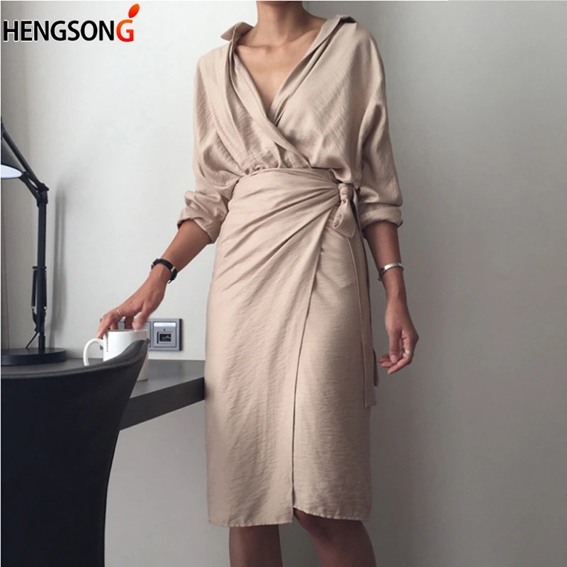 

Elegant Ladies 3/4 Sleeve Turn-down Collar Midi Dress Solid Color Slim Party Dress Fashion Women's Dress Autumn Clothing Vestido