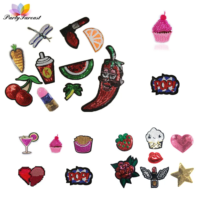 

PF Sequin Applique Patches Fruits Stripes Thermo-stickers Embroidery Patch For Clothing DIY Fabric Costume Sticker Accessories