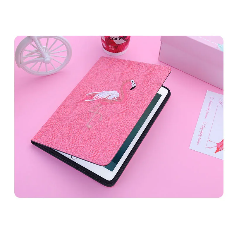 3D Flamingo Embroidery Soft Stand Cover Smart Sleep&Wake up Flip Magnet Case for iPad Mini 2 3 4 Air Pro 9.7 10.5+stylus pen