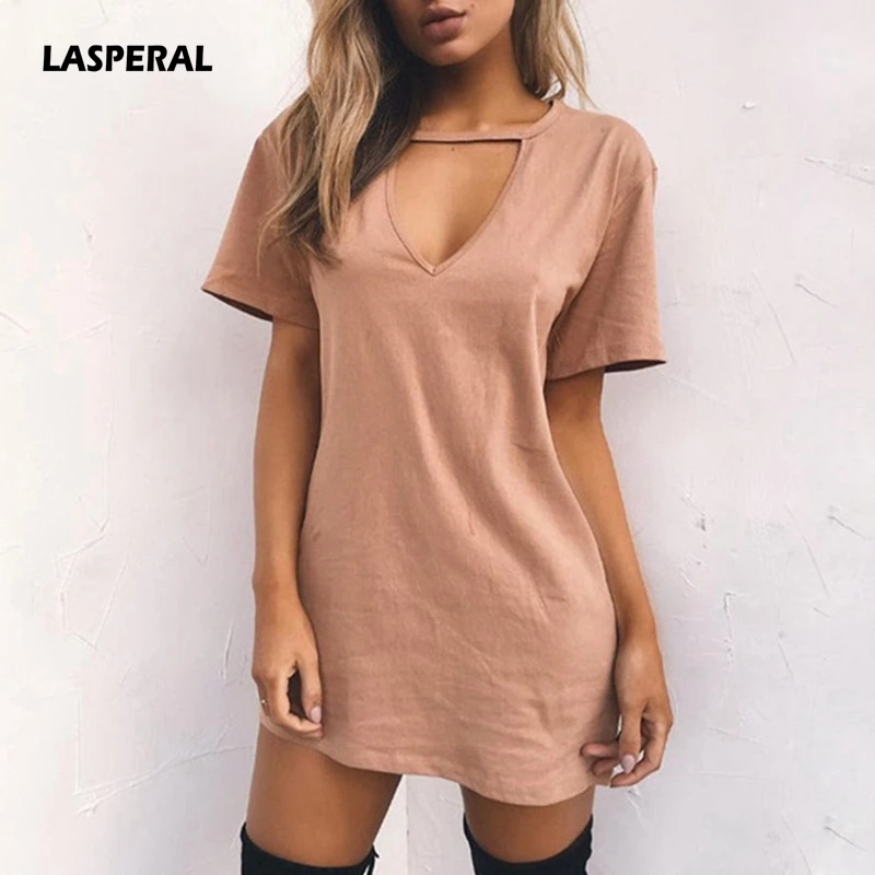 

LASPERAL 2019 Sexy V Neck Cotton Summer Dresses Female Solid Casual Loose Dress Women A-Line Mini Vestidos Plus Size 3XL