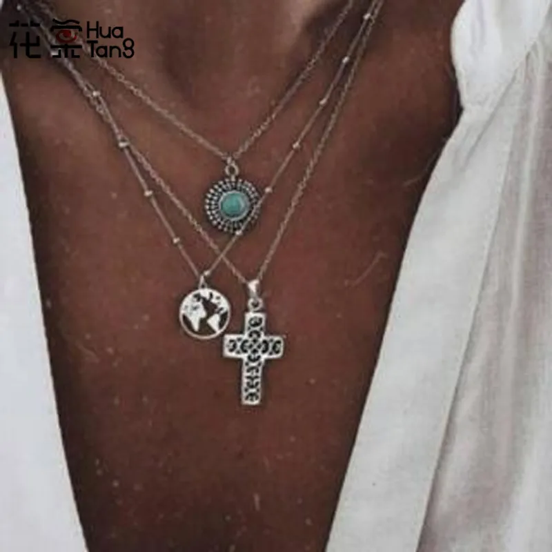 

HuaTang Trendy Bohemian Silver Color Cross Hollow Round Pendant Necklaces Multilayer Women Chains Choker Necklace Jewelry 4303