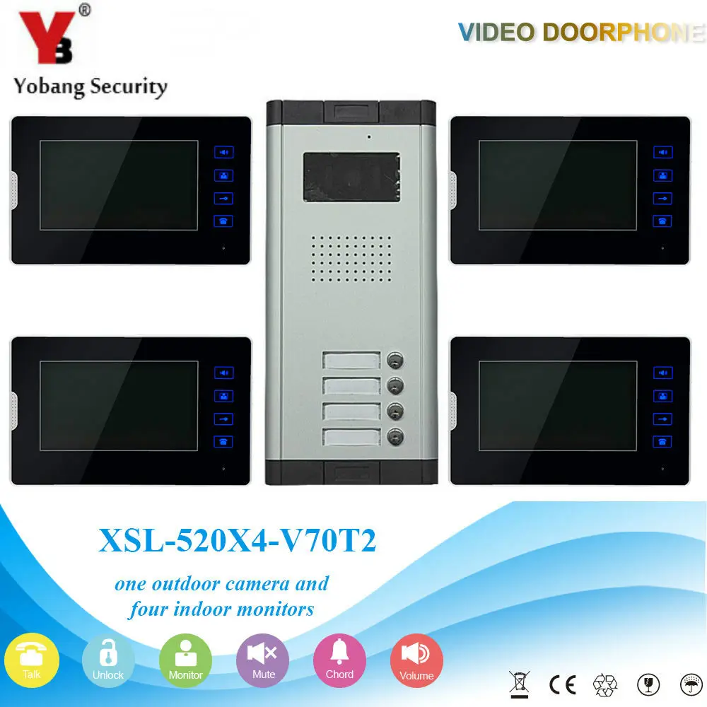 

YobangSecurity 4 Apartments Stable Quality Video Door Phone Entry Intercom System CCD Camera 7inch Indoor Monitor System Unit