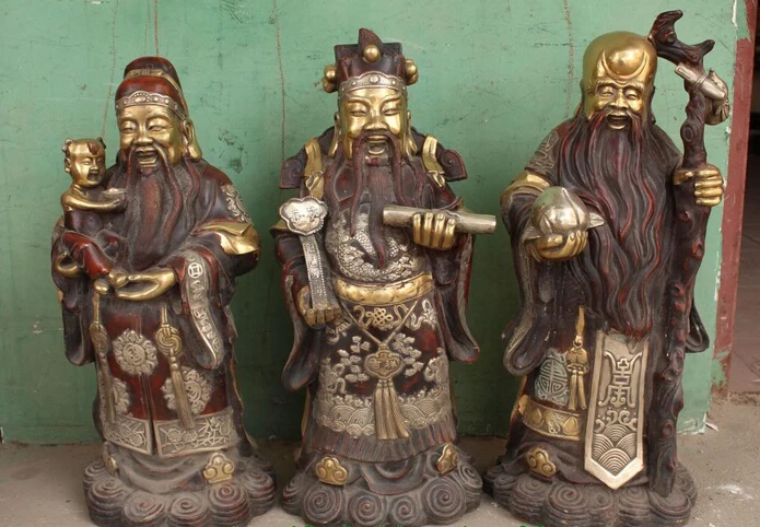

004284 China Silver Bronze Gilt Fu Lu Shou 3 Immortal God Dragon Ruyi Peach Statue Set