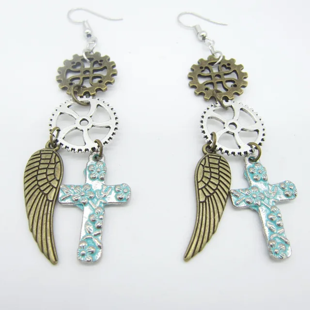 Vintage Gears With Cross And Wing Charms Women S Steampunk Earring Vintage Gears With Cross And Wing Charms Women S Steampunk Earring