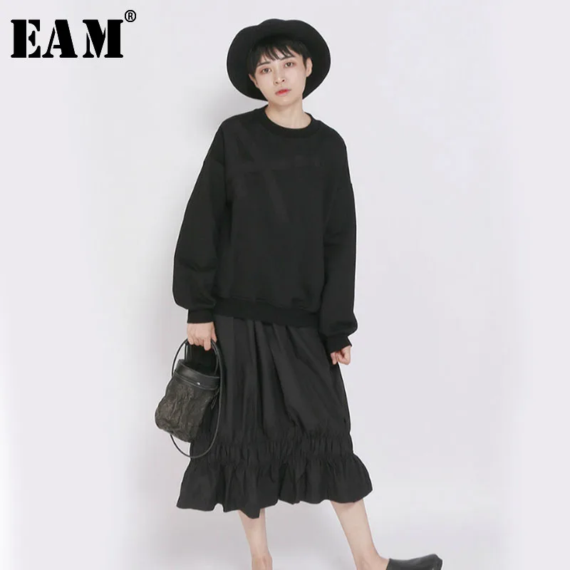 

[EAM] 2019 Spring Woman New Simple Style Solid Black Color Long Sleeve O-neck Loose Pullovers Sweatshirts All Match LI099