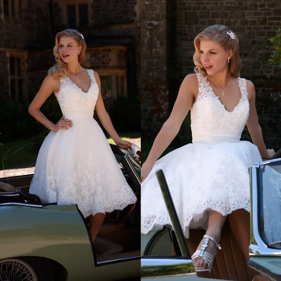 

Hot Sale V-neck Beaded Lace A-line Tea Length Cheap Short Wedding Dress 2019 Bridal Gowns Custom Made China Bridal Gowns Alibaba