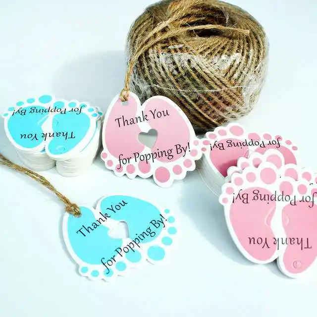 

50Pcs Kraft Paper Hang Labels,Baby Feet Tags With Jute Twine "Thank You For Popping By" Pink Small Tags Baby Shower Gift Tags