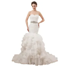 Women Ruffle Mermaid Wedding Dress Organza Strapless Tiered White Bridal Gown Real Custom Size