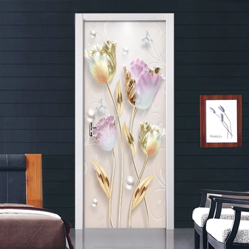 Новые современные тисненые тюльпаны цветы наклейки на дверь Фреска ПВХ самоклеющиеся 3D обои для гостиной спальни двери Декор наклейки