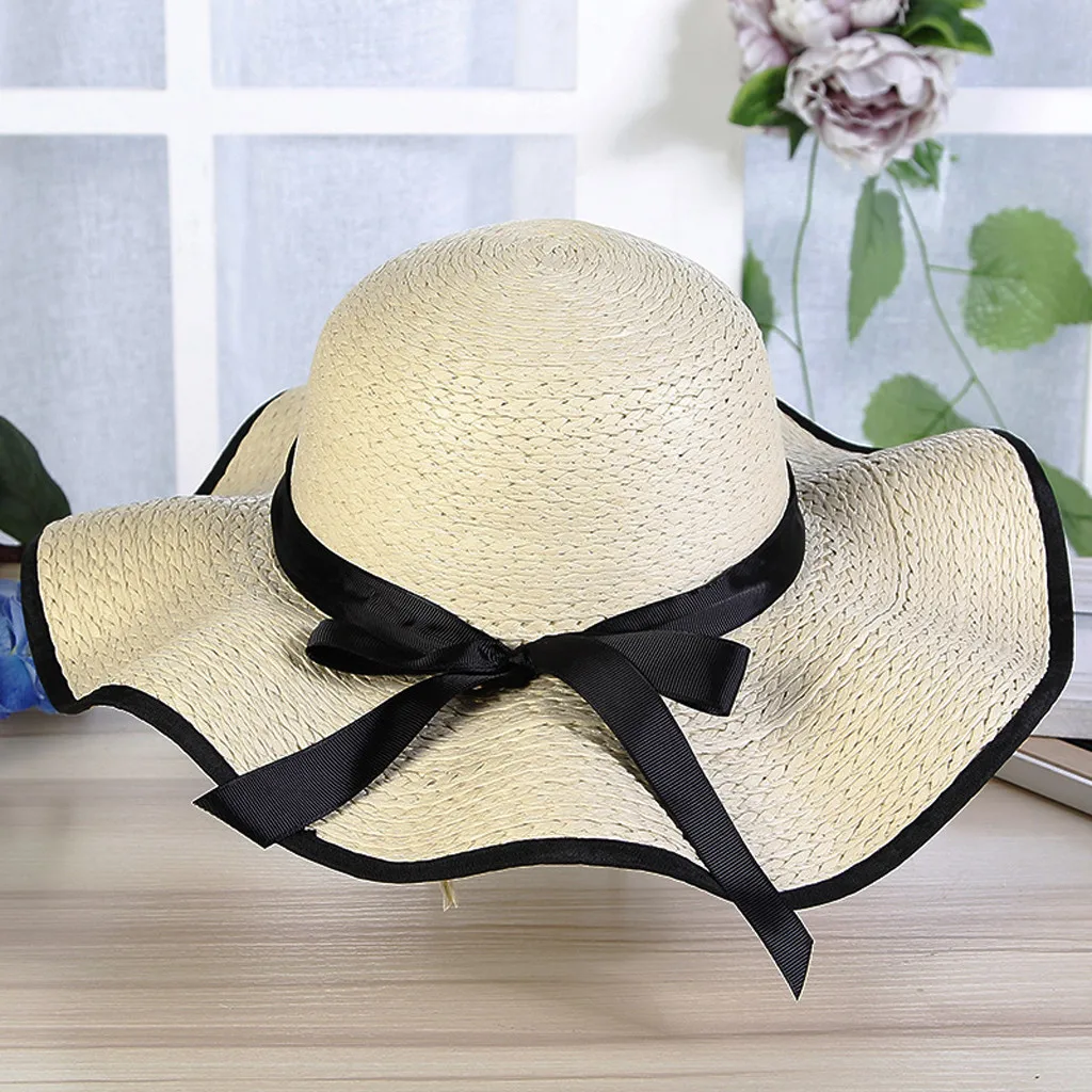 

Women's Fashion Summer Beach Bowknot Hat Outdoor Sunscreen Straw Hat