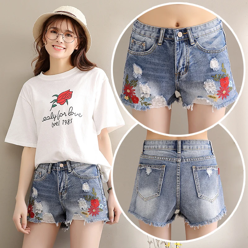 Summer Denim Shorts Korean Version New Hot Short Loose Holes Flashing High Waist Embroidered