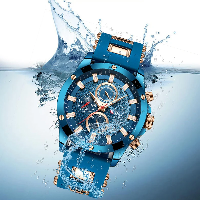 BIDEN Watch Luxury Blue Golden Sport Men Watch Top Brand Fashion Stainless Steel Casual Male's Wristwatch Waterproof Watches