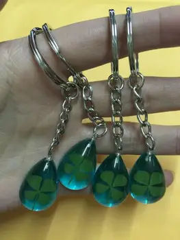 

Free Shipping 14 keychain jewelry real shamrock blue drop key ring