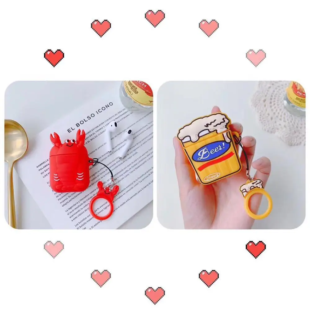 

Fashion Beer Lobster Pattern Soft Silicone Protective Cover Shockproof Case Skin Shell With Lanyard for Airpods 1/2 Charging Box